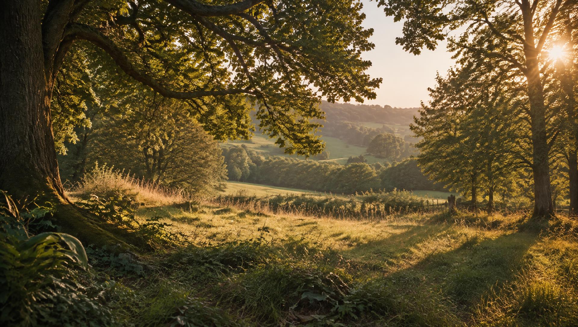 AI-generated illustrative English woodland edge with warm sunlight between mature deciduous trees and long shadows over meadow grass; not the exact Farthingstone site.