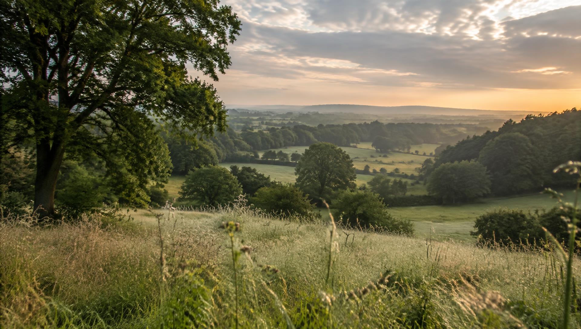 AI-generated illustrative rain-washed English meadow, foreground grass seed heads, mature trees and a silvery sky breaking into warm light; not the exact Farthingstone site.